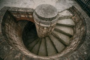Top view of a spiraling stone staircase outdoors, showcasing architectural beauty. — Hello world!