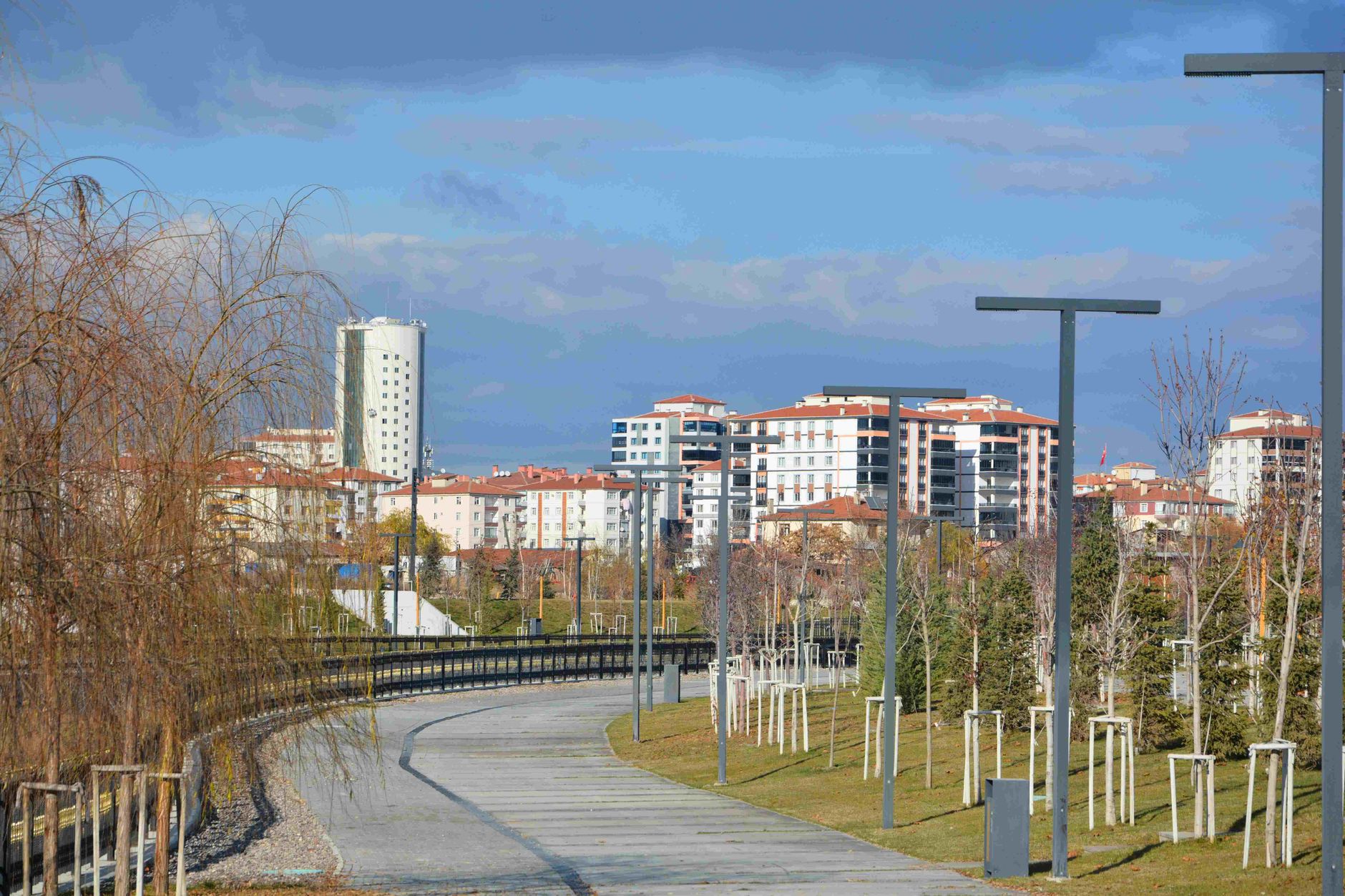 An empty urban park pathway lined with trees, lampposts, and modern residential buildings. — Make Your Posts Stand Out with P