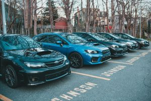Multiple Subaru cars parked in an outdoor lot lined with trees, showcasing automotive design. — Used and new Automotive Barga